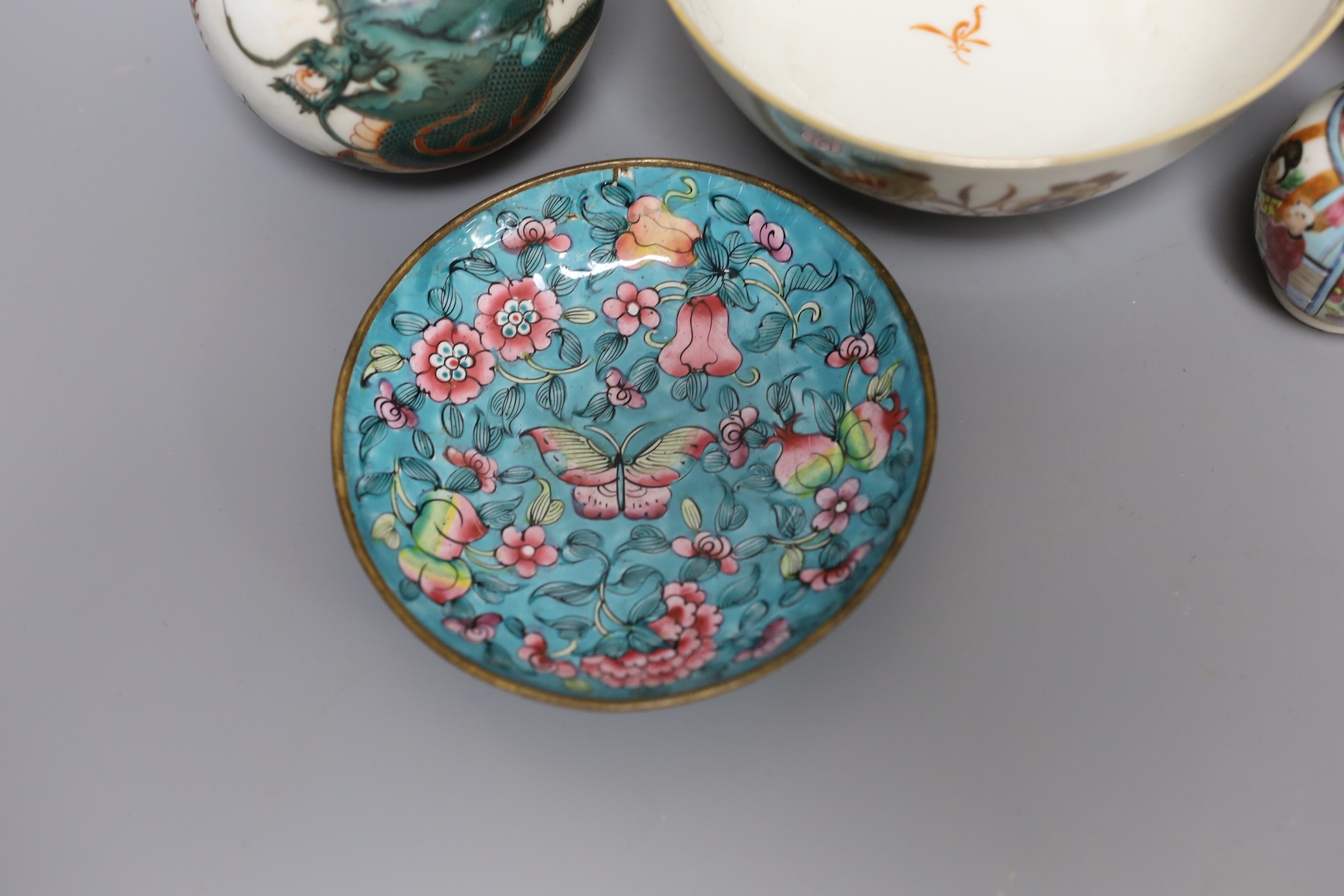 Two Chinese enamelled porcelain bowls and two vases and two Canton enamel dishes, 18th century and later, tallest 16 cm